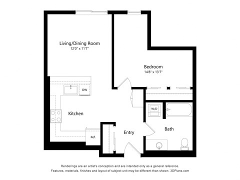 Floor plan for 1 bed, 1 bath, 689 sqft